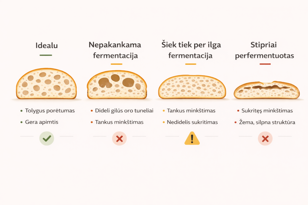 Raugo duonos minkštimas: idealus, nepakankamai fermentuotas ir perfermentuotas kepalas